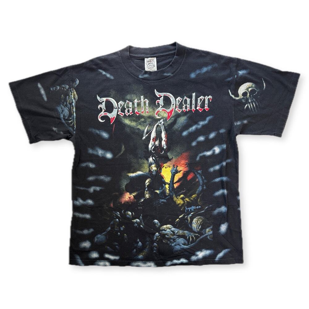 Vintage 1986 Frank Frazetta Death Dealer All Over Print Tee Wild Oats XL Black
